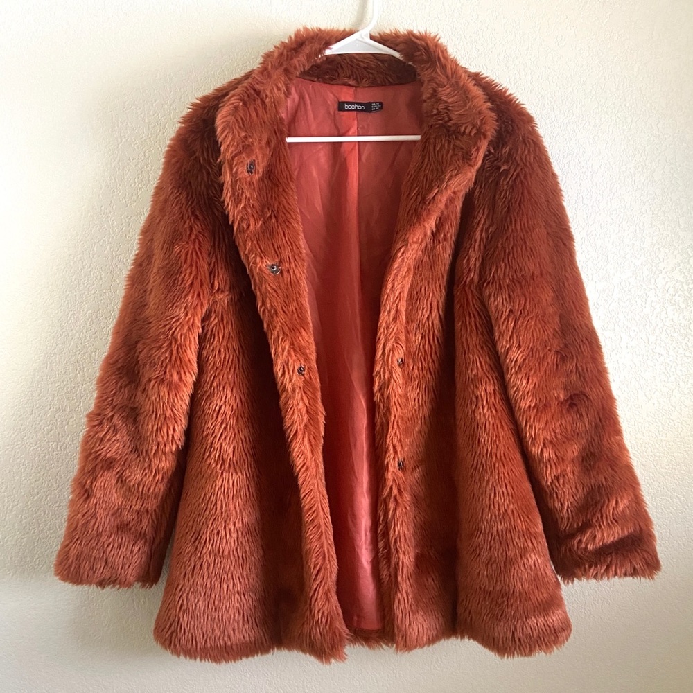 Faux Fur Jacket - Rust Color / Burnt Red Fur Coat